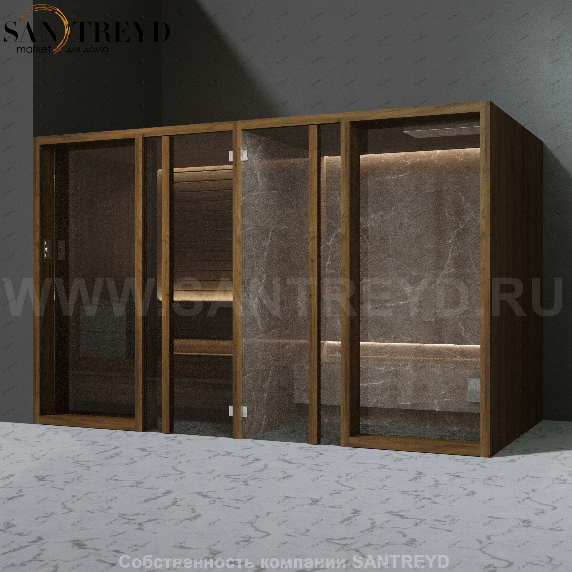 Effegibi YOKU.G SH YO.30320003 Комбинированная баня: хаммам и сауна. Установка: в левый угол. Мощность: 10,5 кВт макс. Размеры: длина 342 см, ширина 170 см. Отделка: чёрный орех и темный керамогранит YO30320003