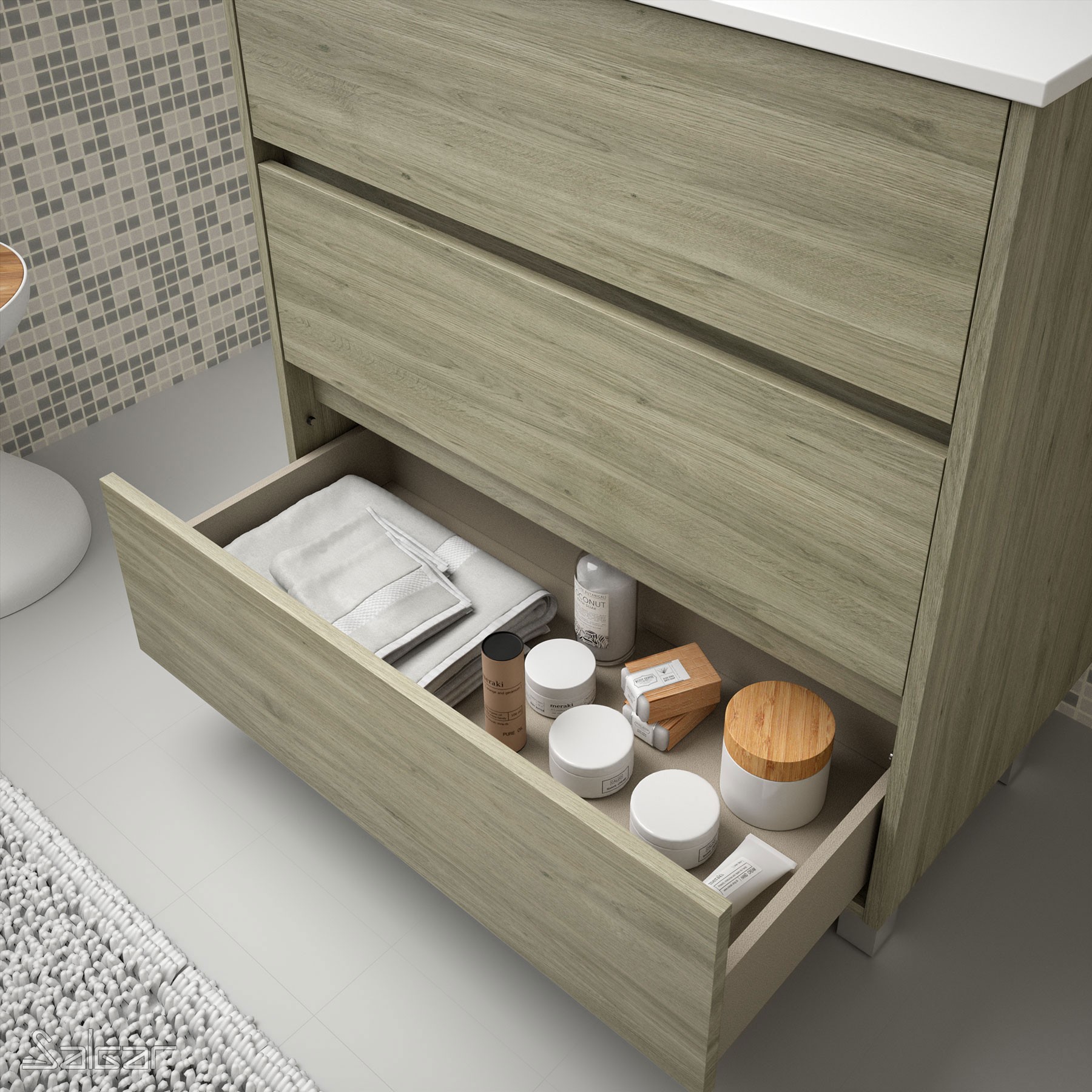 85110 SALGAR Комплект мебели для ванной ARENYS 800 ETERNITY OAK + Раковина + Зеркало + Свет Робл Вечность - Вид №1