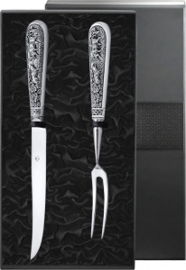 10641496 Аргента (Россия) Набор д/мяса (вилка + нож д/мяса) + футляр Латунь Серебро 925