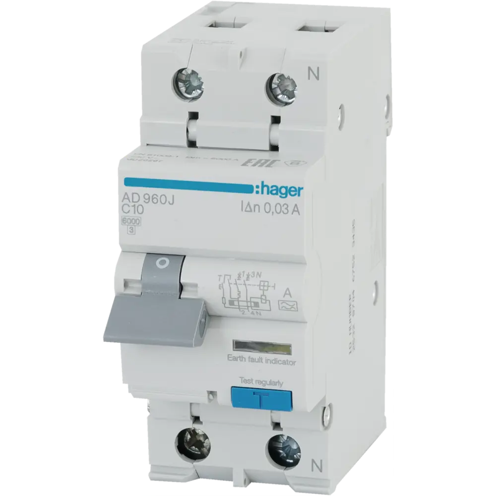 Дифференциальный автомат Hager AD990J 1P N C10 A 30 мА 6 кА A STLM-2169711