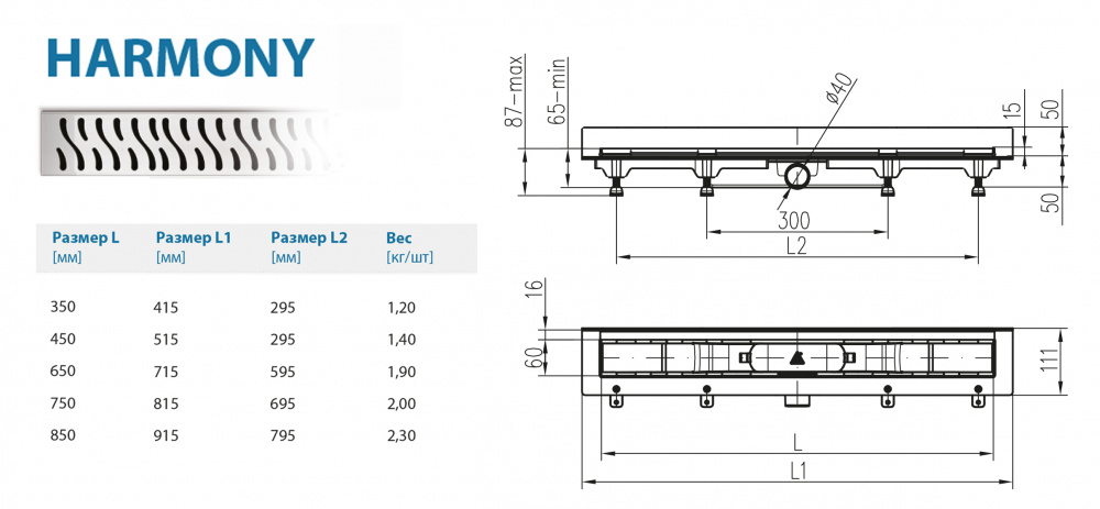 Водоотводящий желоб ALPEN Harmony ALP-450H2 для монтажа вплотную к стене  - Вид №1
