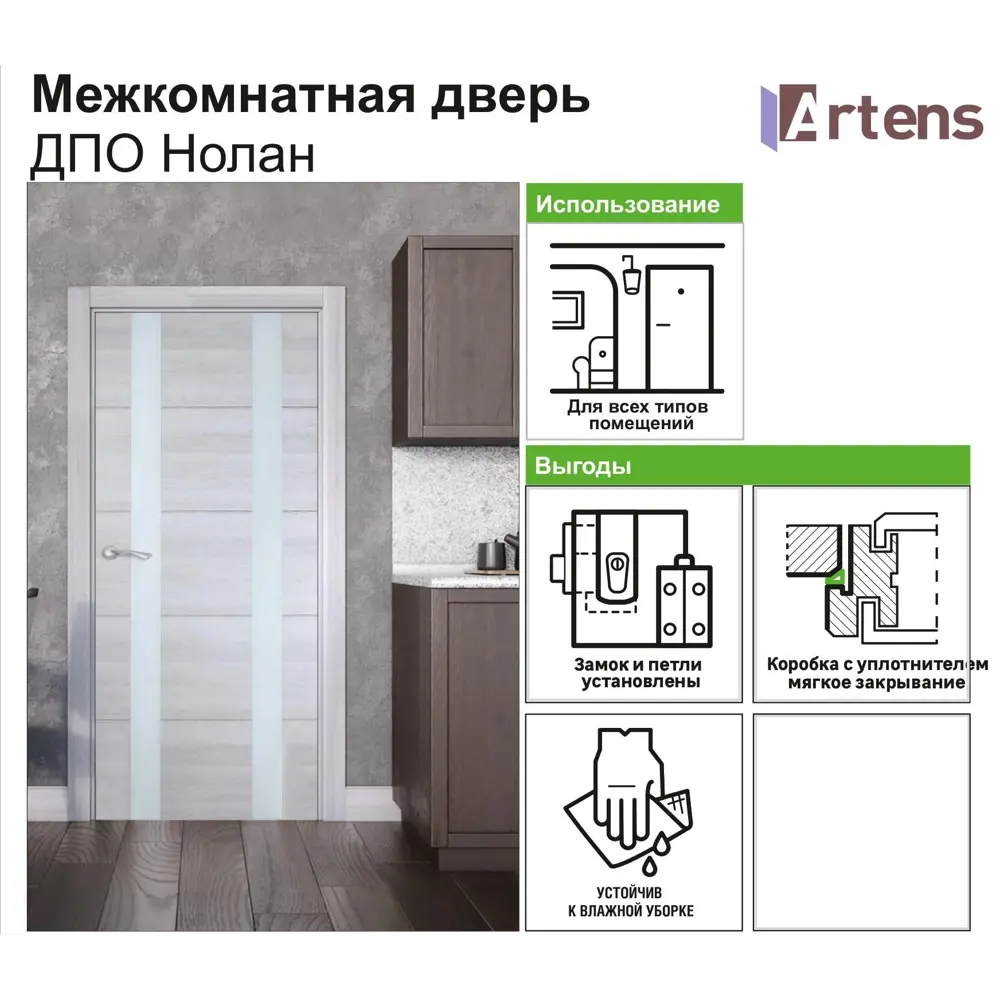 Дверь межкомнатная остеклённая Artens Нолан 70x200 см цвет дуб бьянко 81948146 STLM-2166610  - Вид №3