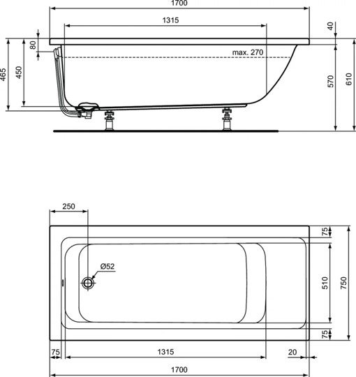E106401 Встраиваемая акриловая прямоугольная ванна 170х75 см Ideal Standard CONNECT AIR - Вид №3