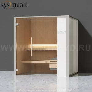 Effegibi ONEFILO S LO51020001 Сауна. Установка: к стене. Правая дверь. Мощность: 4,5 кВт макс. Размеры: длина 214 см, ширина 171 см. Отделка: Отделка: матовый лакированный белый аллюминий и серый ламинат из керамогранита.