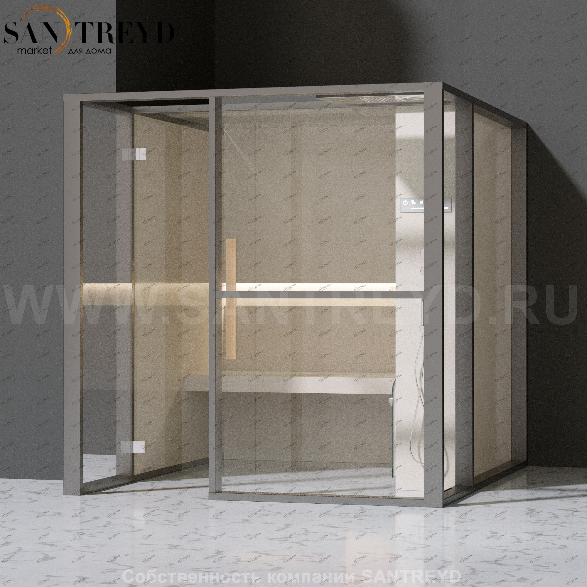 Effegibi LOGICAFILO H LO31010013 Хаммам. Установка: в левый  полуугол. Правая дверь. Мощность: 4,5 кВт макс. Размеры: длина 214 см, ширина 250 см. Отделка: матовый лакированный серый аллюминий и бежевый ламинат из керамогранита.