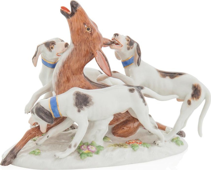 78072 Meissen Фигурка 10см "Олениха, схваченная тремя собаками" (И.-И.Кэндлер, 1760 г.)(пара к 78677) Фарфор 