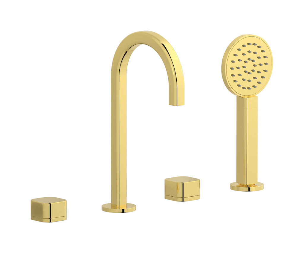 Смеситель на бортик ванной на 4 отверстий с дивертером и душевым гарнитуром. WE ARE IB eo396oo_1 Gold Elio