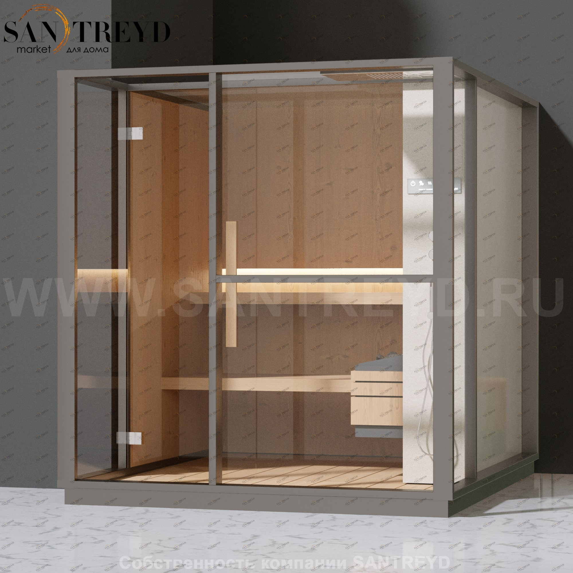 Effegibi LOGICA S LO20010013 Сауна. Установка: в левый  полуугол. Правая дверь. Мощность: 6 кВт макс. Размеры: длина 214 см, ширина 250 см. Отделка: канадский хемлок, матовый лакированный серый аллюминий и бежевый ламинат из керамогранита.