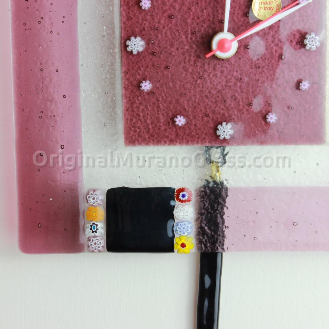 1267 ORIGINALMURANOGLASS Настенные часы с маятником Розовая муррина - средние - муранское стекло 22 см  - Вид №1