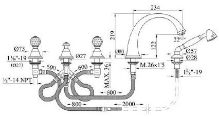 Bronces Mestre Комплект для ванны с 5 отверстиями, украшенный кристаллами swarovski® Pacifica sun-id-1473016 - Вид №1