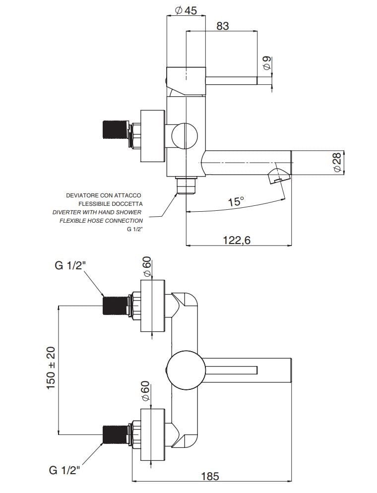 Латунный однорычажный настенный смеситель для ванны с 2 отверстиями Rubinetterie Mariani Ultraminimal ARCH-00053855 - Вид №2