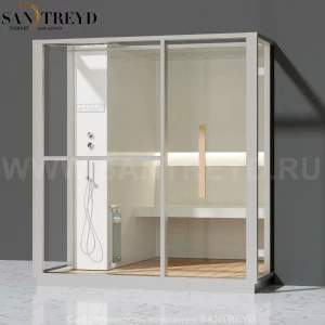 Effegibi LOGICA H LO30020016 Хаммам. Установка: в правый  полуугол. Левая дверь. Мощность: 4,5 кВт макс. Размеры: длина 214 см, ширина 250 см. Отделка: матовый лакированный белый аллюминий и серый ламинат из керамогранита.