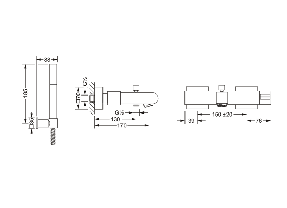 Смеситель однорычажный для ванны ½“ с душевым гарнитуром, настенный монтаж JOERGER Empire II 628.20.500.000 - Вид №1