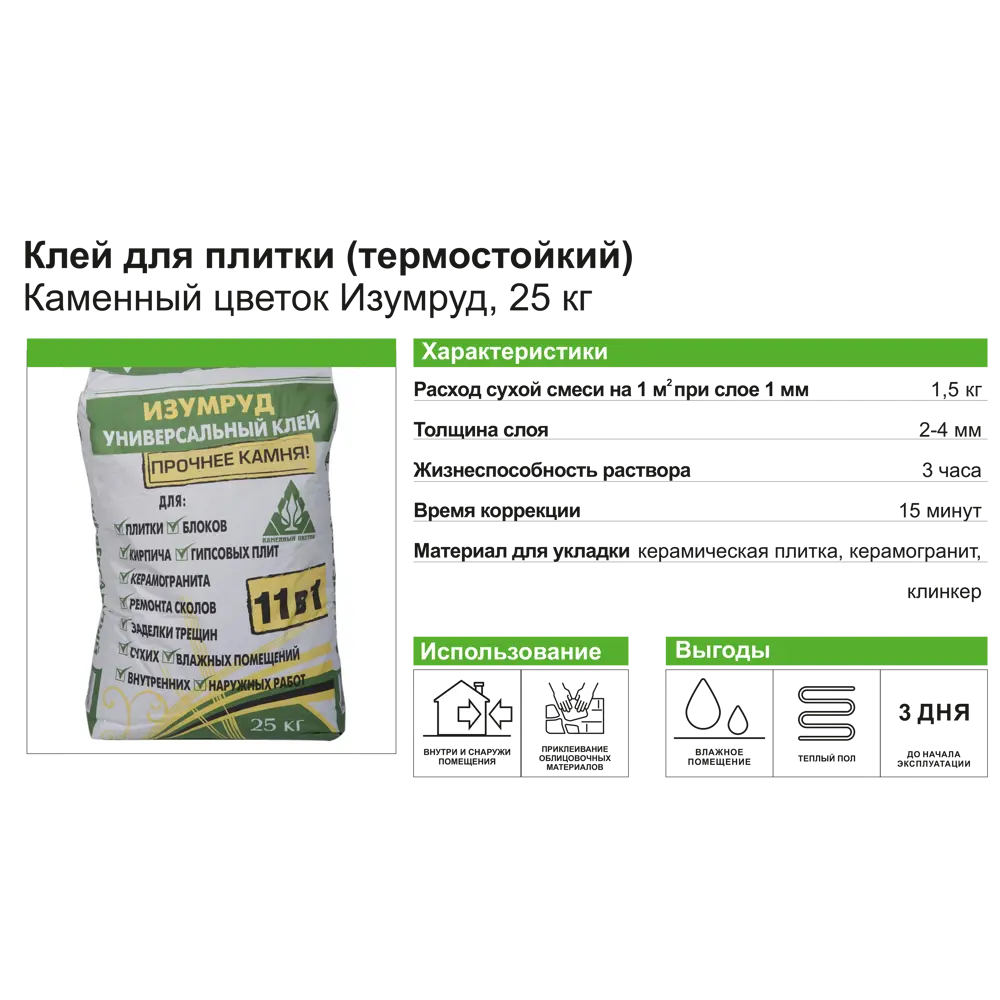 Клей для плитки Каменный цветок Изумруд 25 кг 12627986 STLM-2052853 - Вид №2