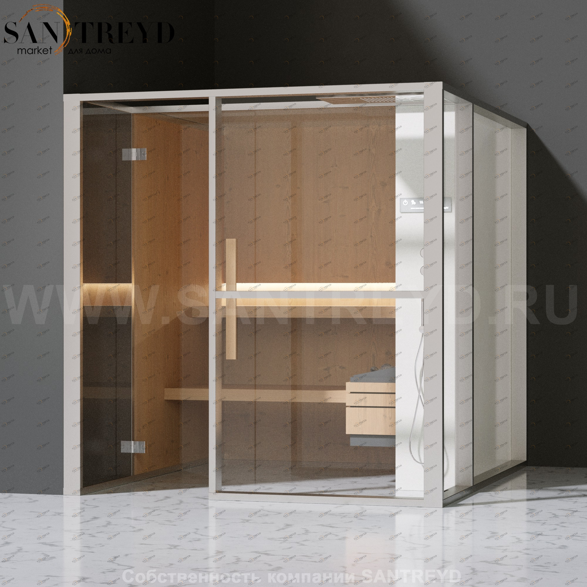 Effegibi LOGICAFILO S LO21020005 Сауна. Установка: в левый угол. Правая дверь. Мощность: 6 кВт макс. Размеры: длина 214 см, ширина 250 см. Отделка: канадский хемлок, матовый лакированный белый аллюминий и серый ламинат из керамогранита.