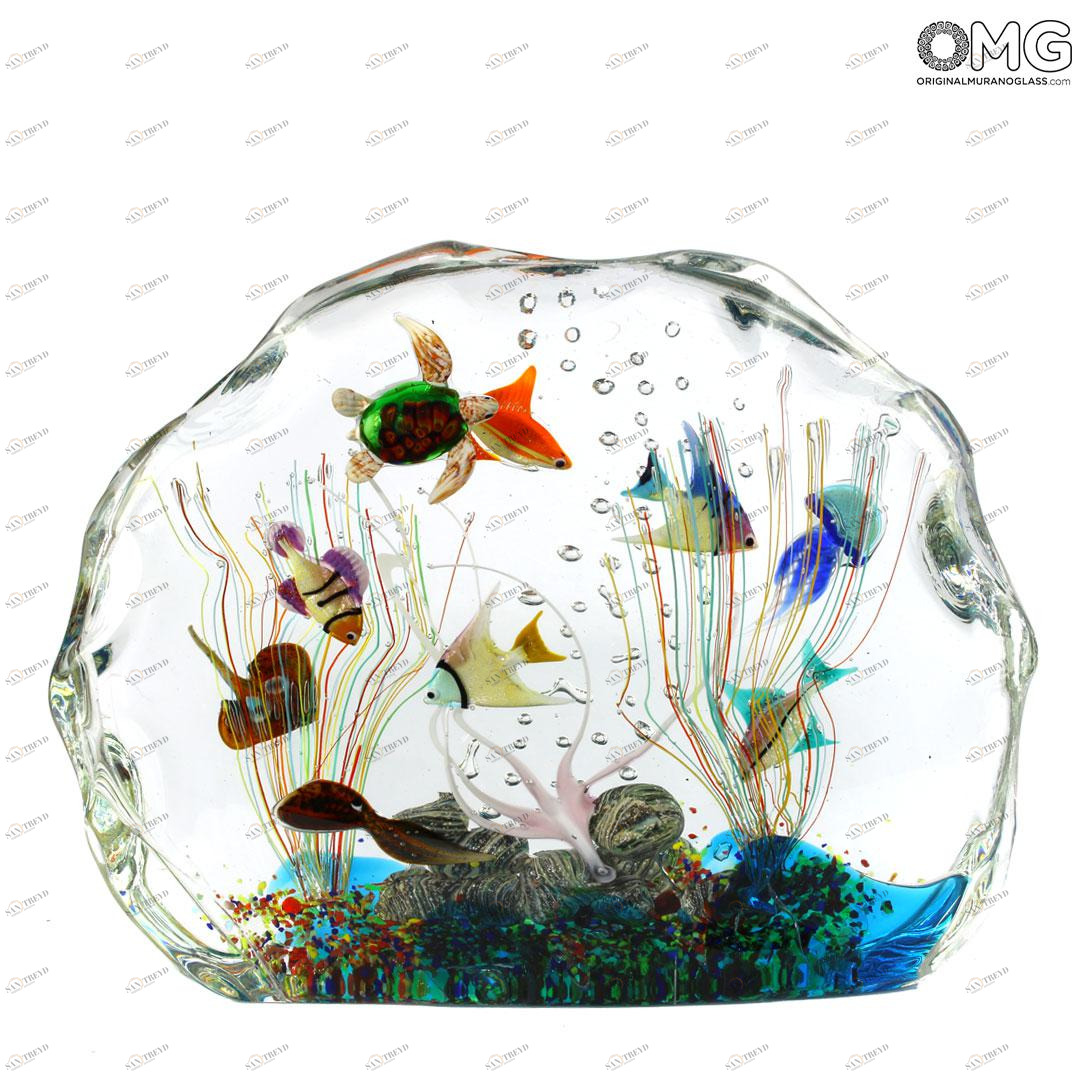 4615 ORIGINALMURANOGLASS Скульптура Аквариум с тропическими рыбками - муранское стекло OMG 26 см 