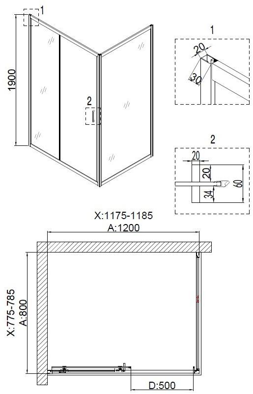 Душевое ограждение NG- 6612-08 (120*80*190) прямоугольник, двери раздвижные, 2 места Niagara Nova 66120812 - Вид №2