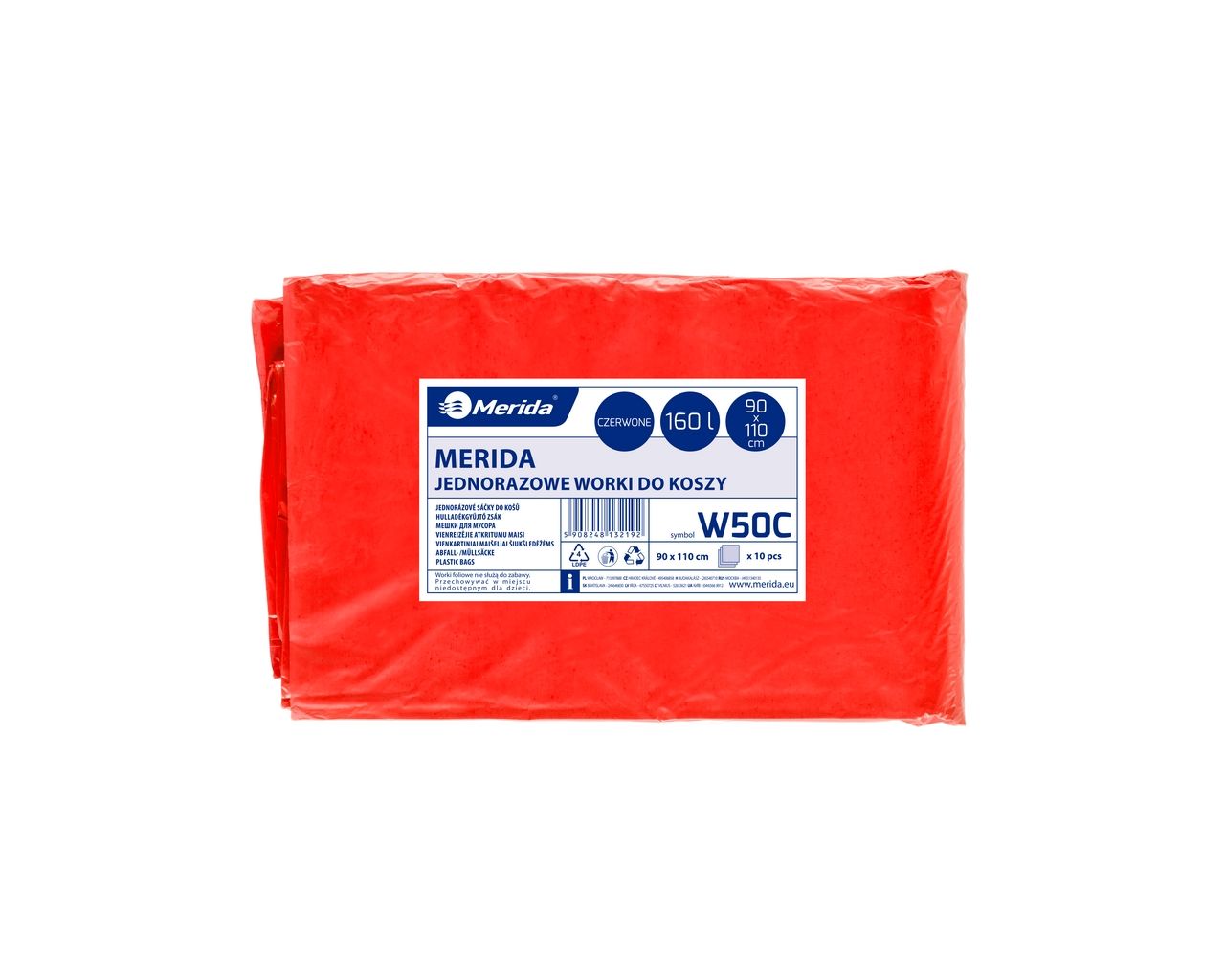 W50C Одноразовые мешки для мусора, 90 x 110 см, вместимость 160 л, 10 шт. в упаковке, КРАСНЫЕ, LDPE Merida 