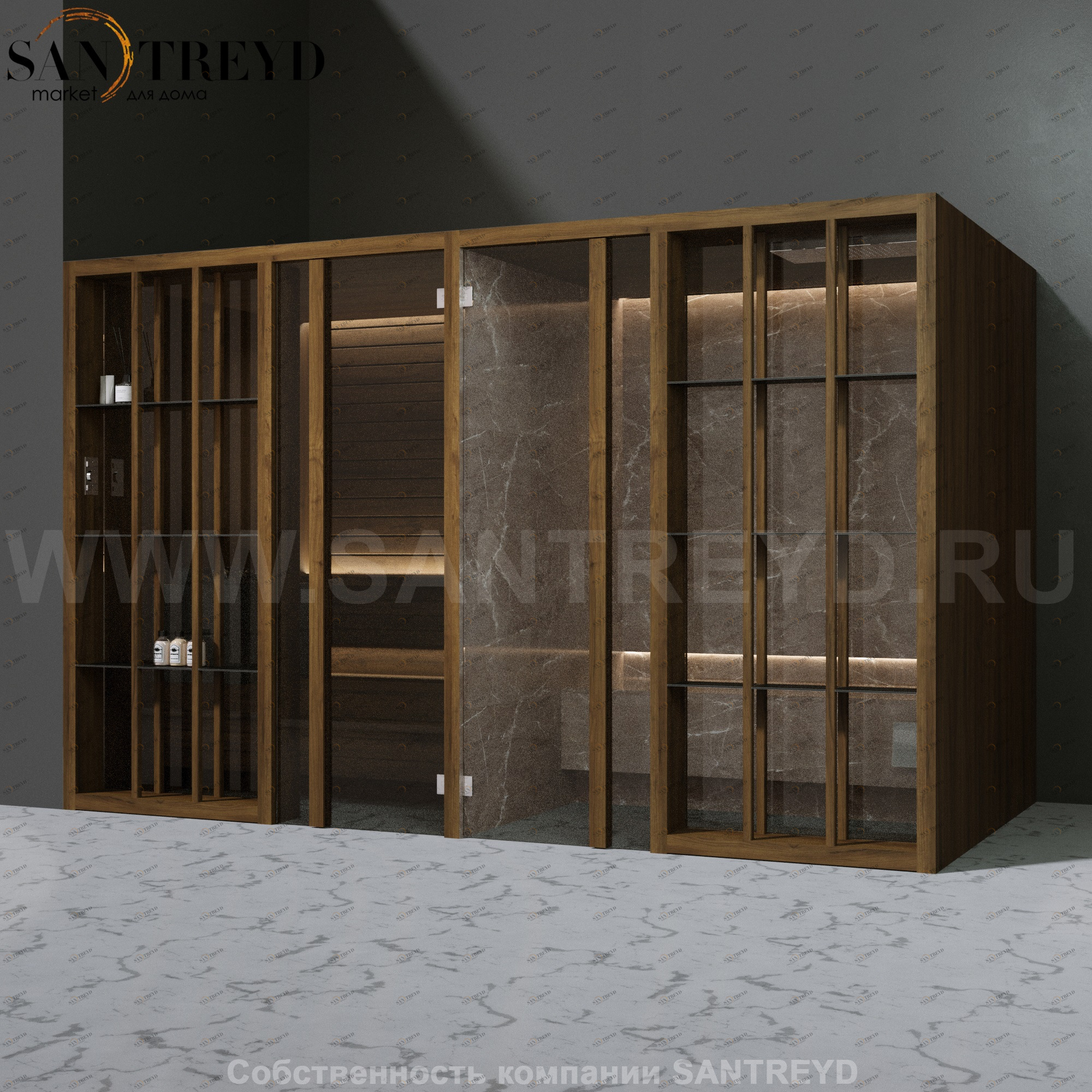 Effegibi YOKU.S SH YO.10320003 Комбинированная баня: хаммам и сауна. Установка: в левый угол. Мощность: 10,5 кВт макс. Размеры: длина 342 см, ширина 170 см. Отделка: чёрный орех и темный керамогранит YO10320003