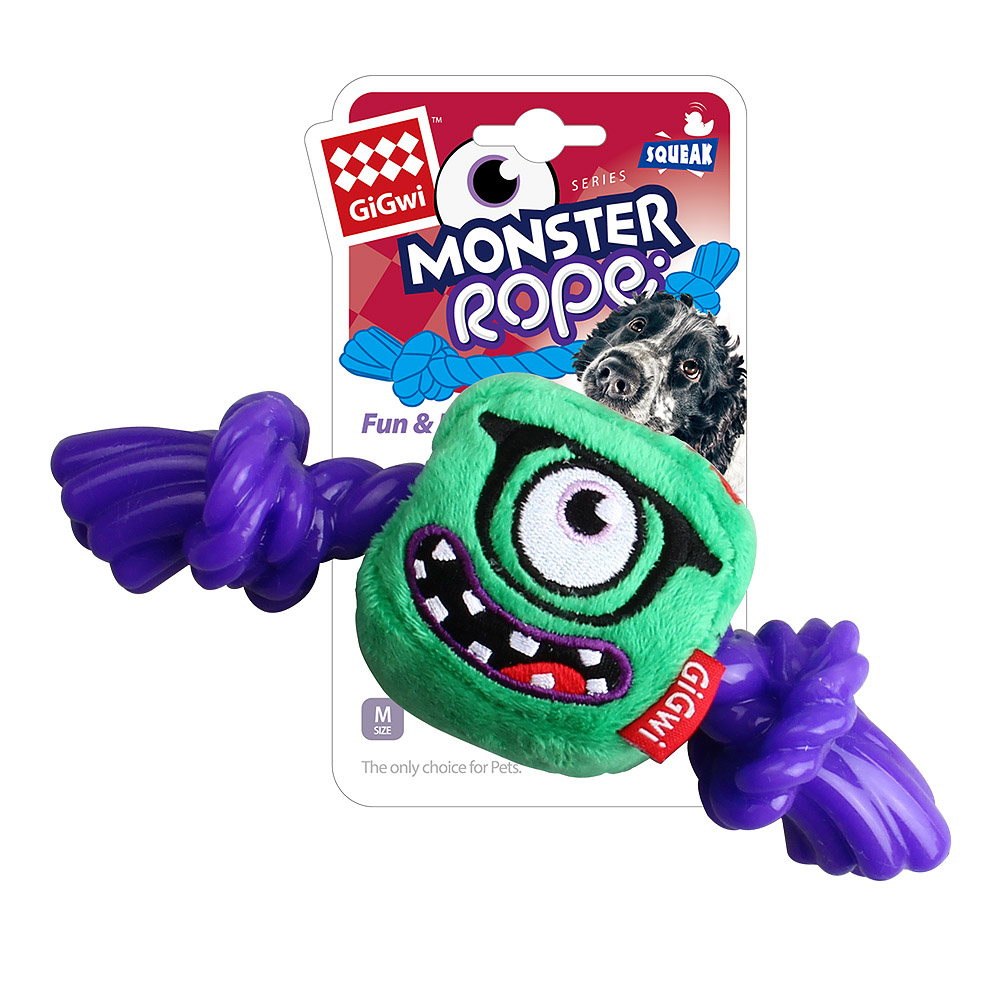ПР0059003 Игрушка для собак Monster Rope Монстр с пищалкой и резиновой веревкой 23см GIGWI  - Вид №1
