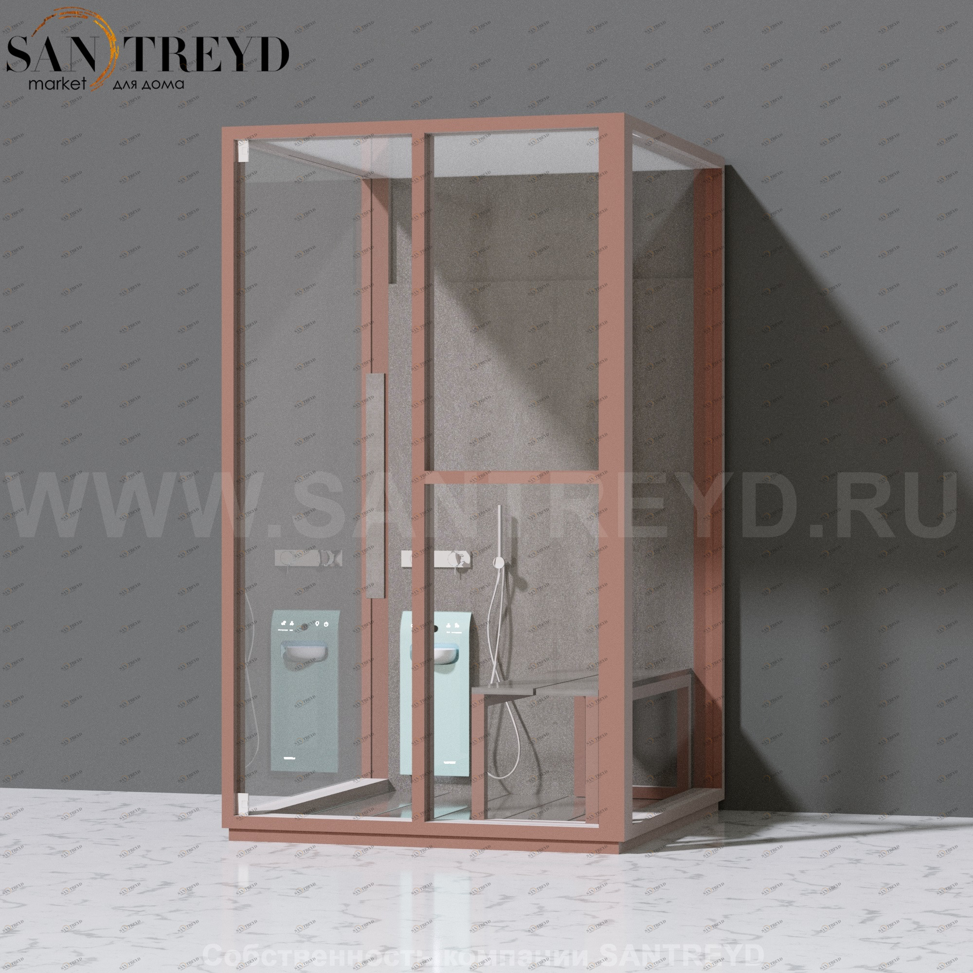 Effegibi H SMALL LO82030001 Комбинированная баня: хаммам и душ. Установка: к стене. Правая дверь. Мощность: 3 кВт макс. Размеры: длина 131 см, ширина 92 см. Отделка: матовый лакированный коричневый аллюминий и темный ламинат из керамогранита.