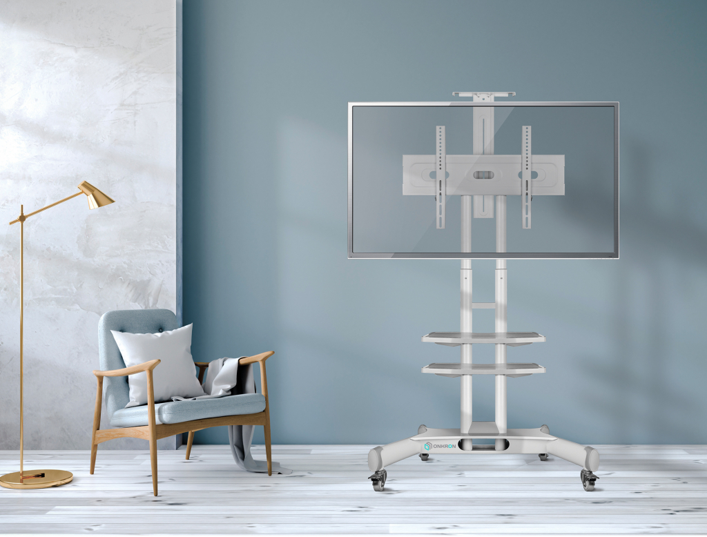TS1552 WHITE Мобильная стойка на 1 тв/ 32-65" от 200х200 до 400х600 наклон 0º поворот 0º макс нагр 45,5кг высота 1200-1500мм, кабель-канал, 2 полки, регулировка полок по высоте, колесики с блокировкой, белая ONKRON Santreyd  - Вид №6