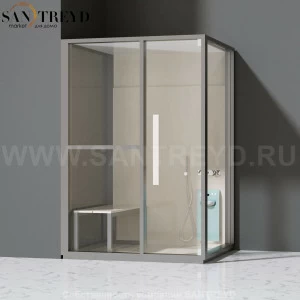 Effegibi H MEDIUM LO81010004 Комбинированная баня: хаммам и душ. Установка: в левый угол. Левая дверь. Мощность: 3 кВт макс. Размеры: длина 152 см, ширина 102 см. Отделка: матовый лакированный серый аллюминий и бежевый ламинат из керамогранита.