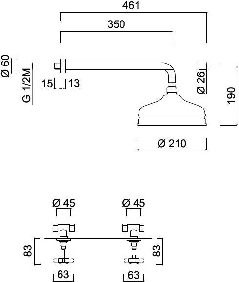 Rubinetteria Giulini Смеситель для душа на 2 отверстия с лейкой Kensington 3715wb - Вид №1