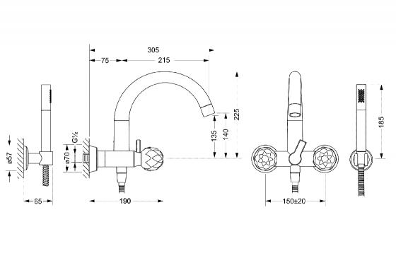 Смеситель для ванны с душевым гарнитуром ½“ настенный JOERGER Belledorновинка 631.20.105.000-AA - Вид №1