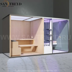 Effegibi BODYLOVE SH BL40140003 Фронтальная комбинированная баня: хаммам и сауна. Установка: в правый угол. Мощность: 15 кВт макс. Размеры: длина 393 см, ширина 176 см. Отделка: канадский хемлок, трубчатое стекло и зеркало.