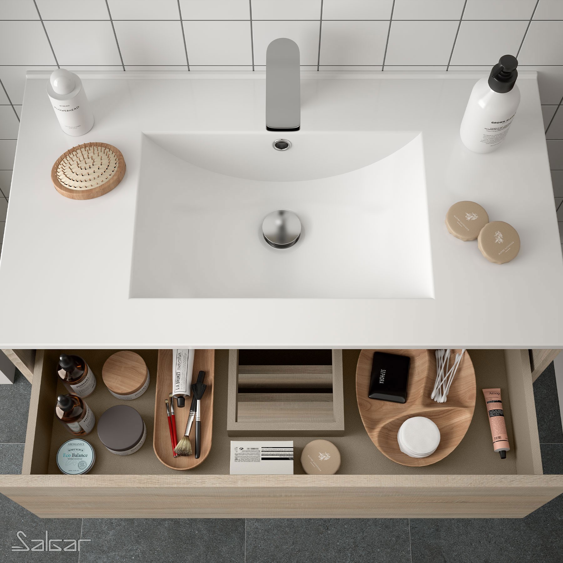 85072 SALGAR Комплект мебели для ванной NOJA 900 OAK CALEDONIA + Раковина + Зеркало + Свет Дуб Каледония - Вид №1