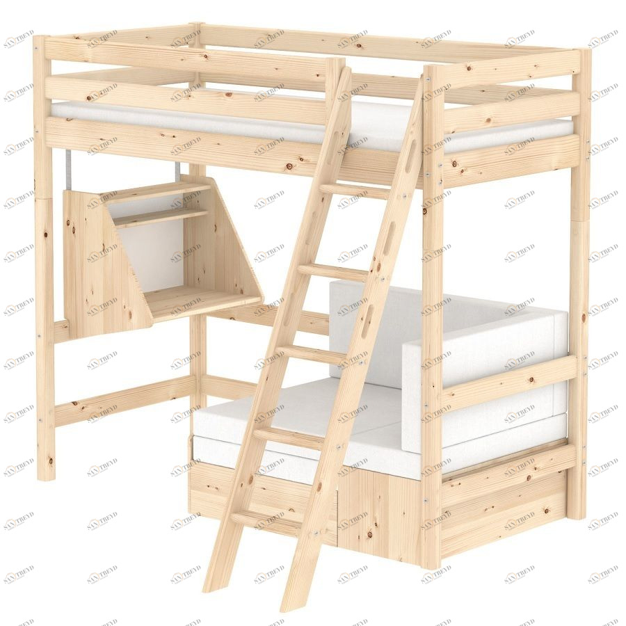 Кровать Flexa Classic Casa высокая со встроенным спальным модулем, столом и наклонной лестницей, лак 9010336101
