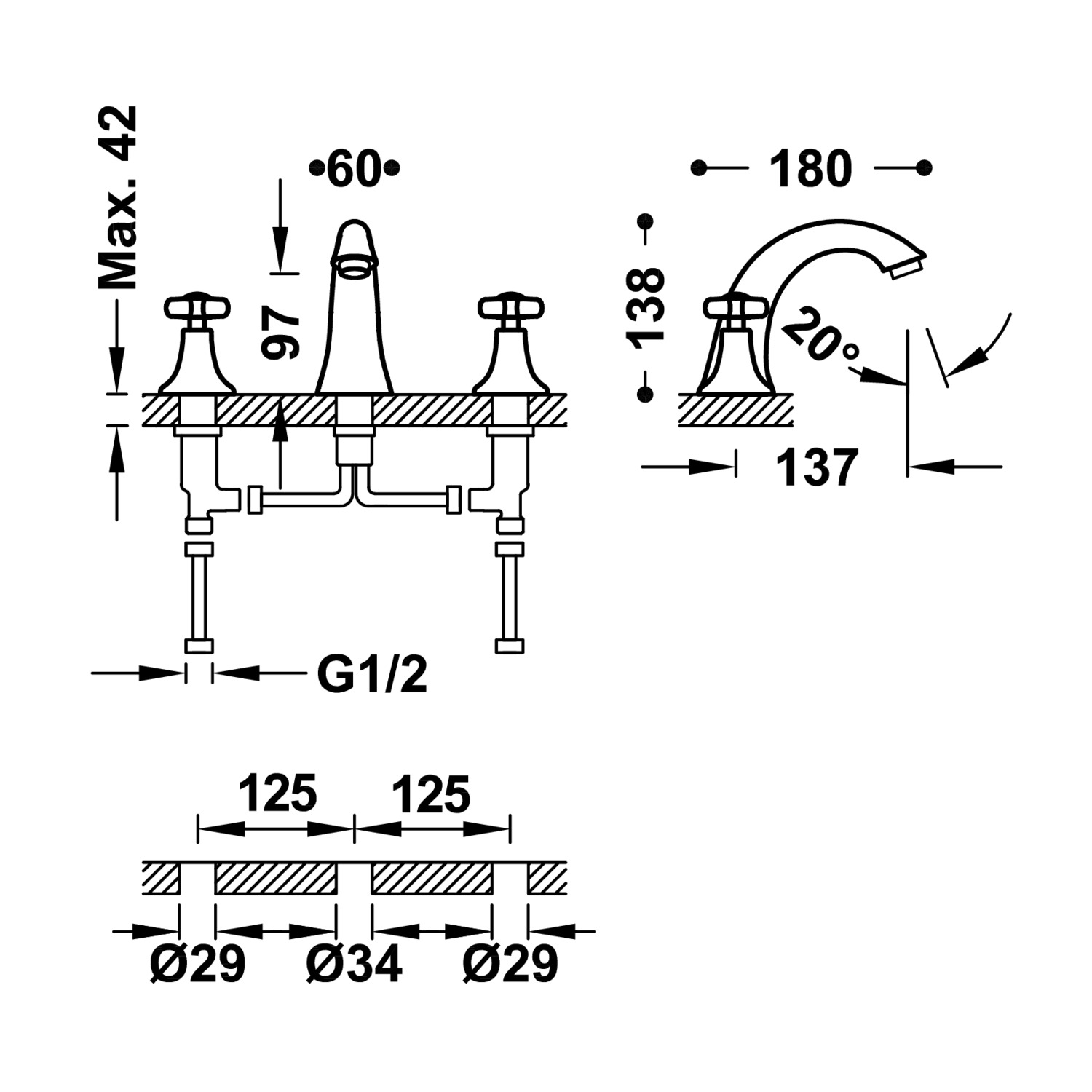 Смеситель для раковины TRES CLASIC с 3 отверстиями на бортике-24210601AC TRES  - Вид №1