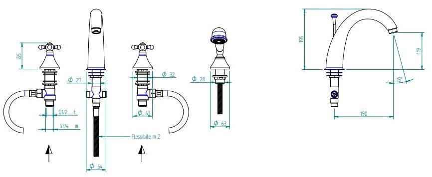 ZAZZERI Комплект для ванны с ручным душем на 4 отверстия Mille sun-id-1362120 - Вид №1