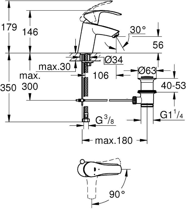 Смеситель для раковины GROHE Eurosmart New с донным клапаном, хром (32926002) - Вид №1