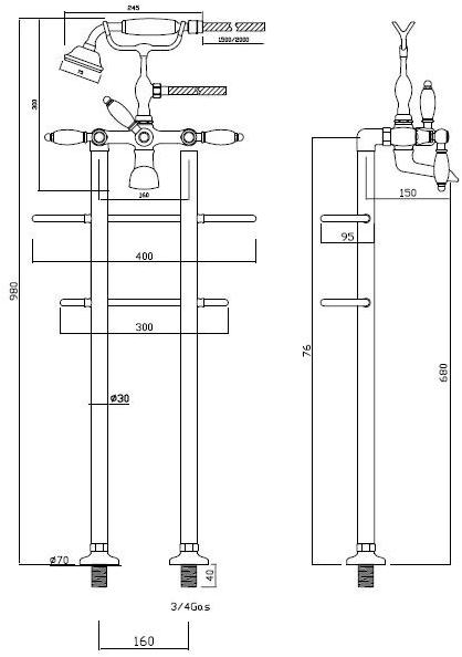 BLEU PROVENCE Смеситель для ванны напольный из латуни с держателем для полотенец Rubinetti per vasca Rv112 - Вид №1
