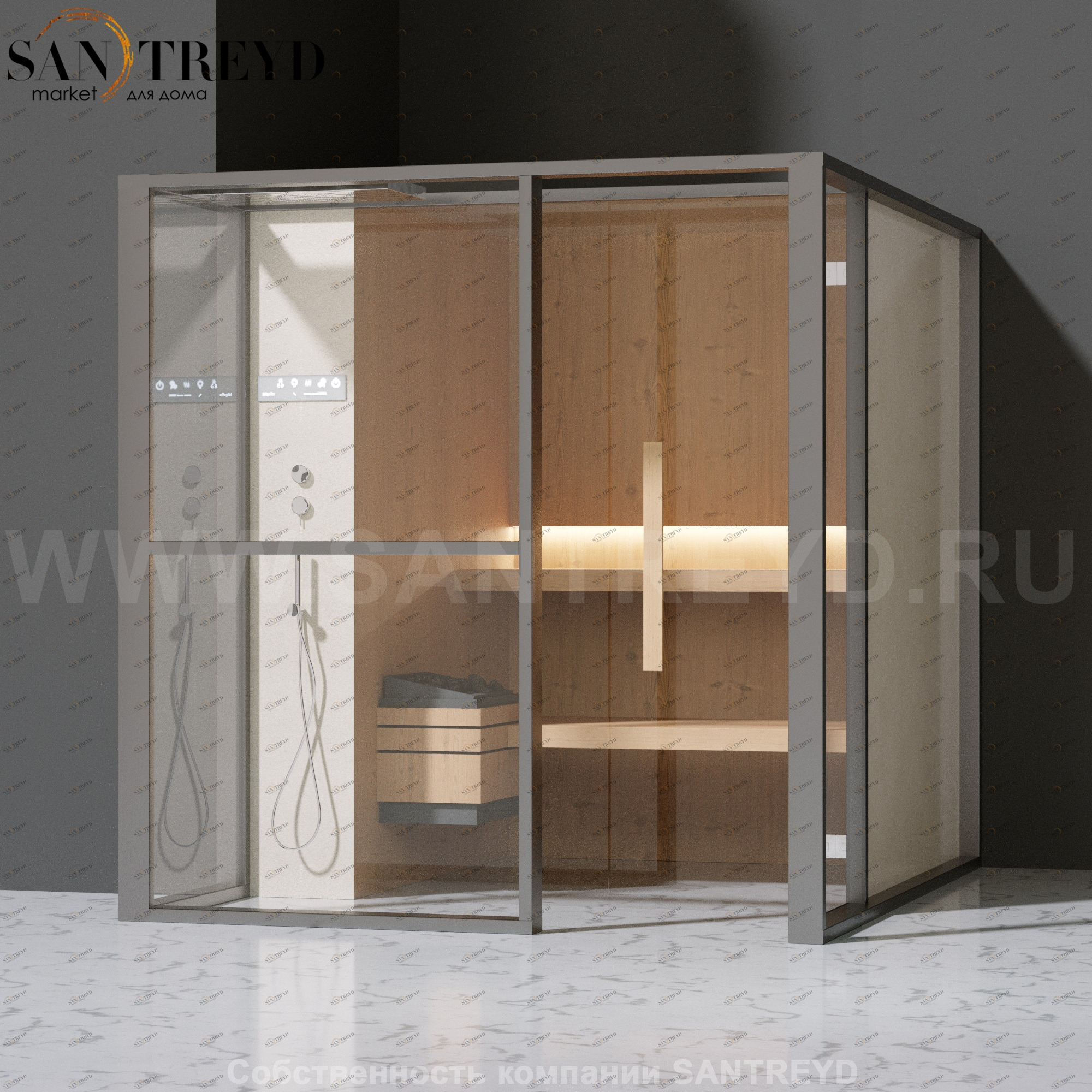 Effegibi LOGICAFILO S LO21010014 Сауна. Установка: в левый  полуугол. Левая дверь. Мощность: 6 кВт макс. Размеры: длина 214 см, ширина 250 см. Отделка: канадский хемлок, матовый лакированный серый аллюминий и бежевый ламинат из керамогранита.