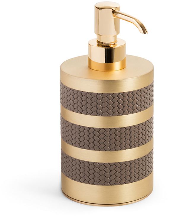 Дозатор для мыла Saturno - Ø 8XH17 см / металлическая отделка_сатинированная латунь / плетеная кожа_темно-серый