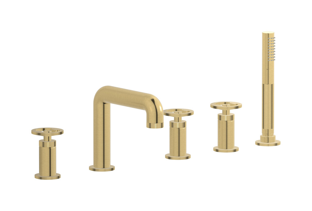 Смеситель на бортик ванной на 5 отверстий с дивертером и душевым гарнитуром. WE ARE IB b1396os Brushed Gold Bold