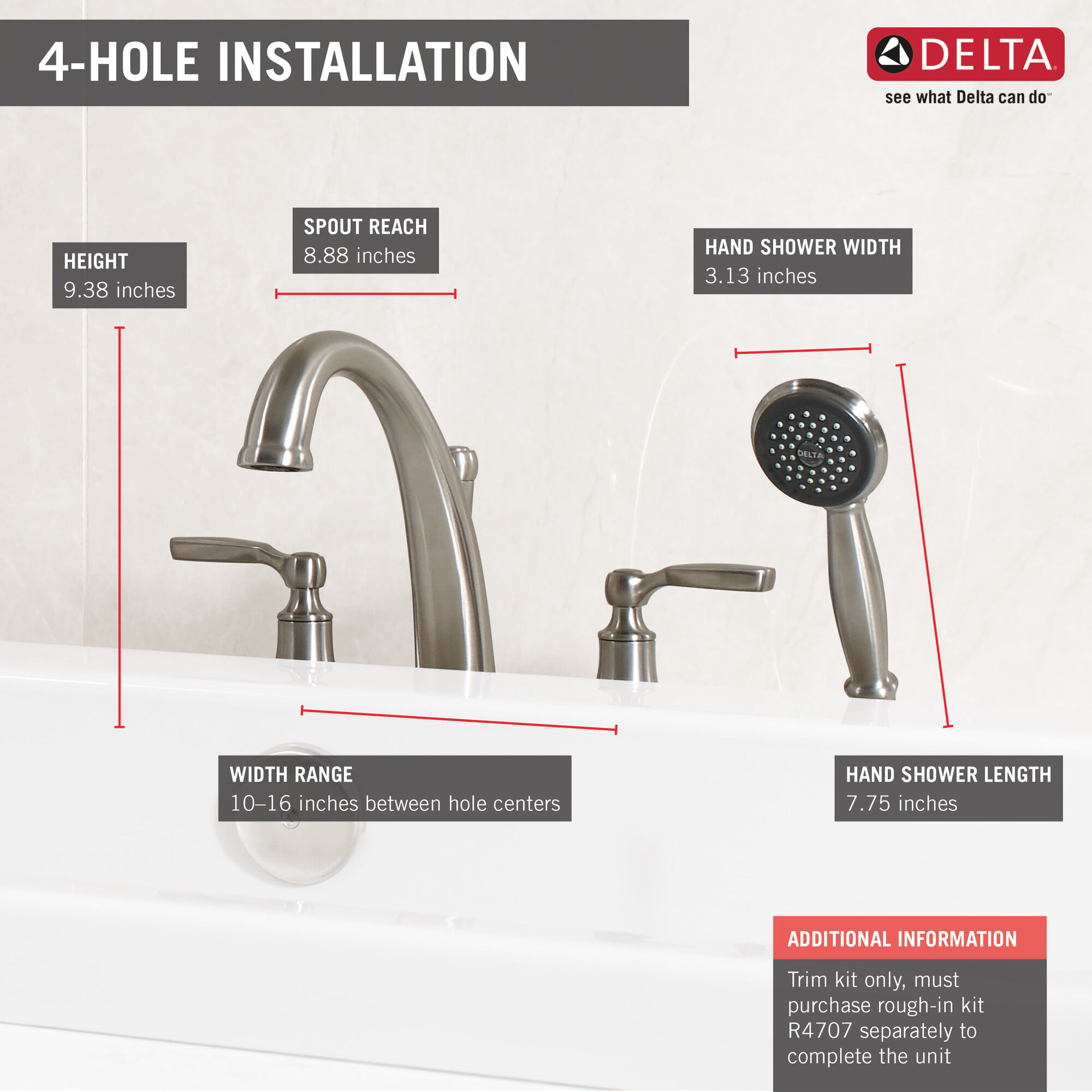 T4732-SS Римская ванна с ручным душем Delta Faucet Woodhurst Нержавеющая сталь  - Вид №2