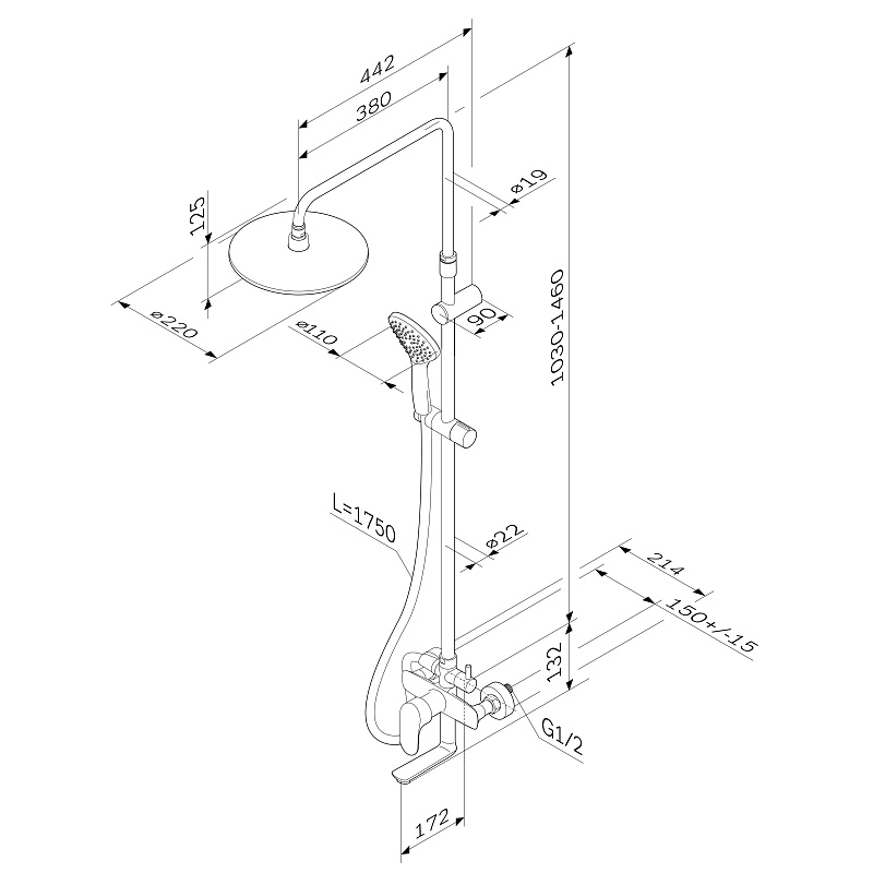 F0780910 душ.системанабор:см-ль д/ванны/душаверхний душ d220 мм ручной душ 110 мм 1 функция AM.PM Like - Вид №1