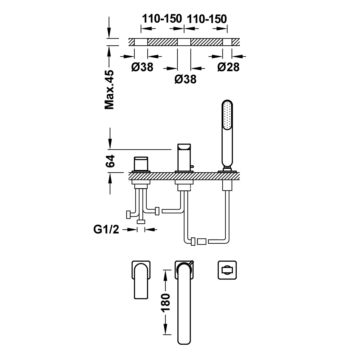 Смеситель для ванны с одной ручкой LOFT edge -20016203AC TRES  - Вид №1