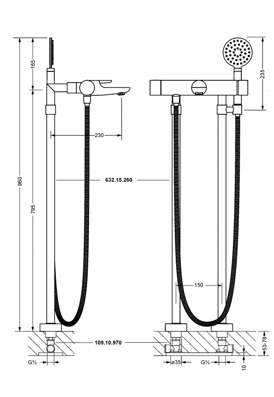 Смеситель для ванны ½“ с душевым гарнитуром напольный JOERGER Exalновинка 632.20.545.000 - Вид №1