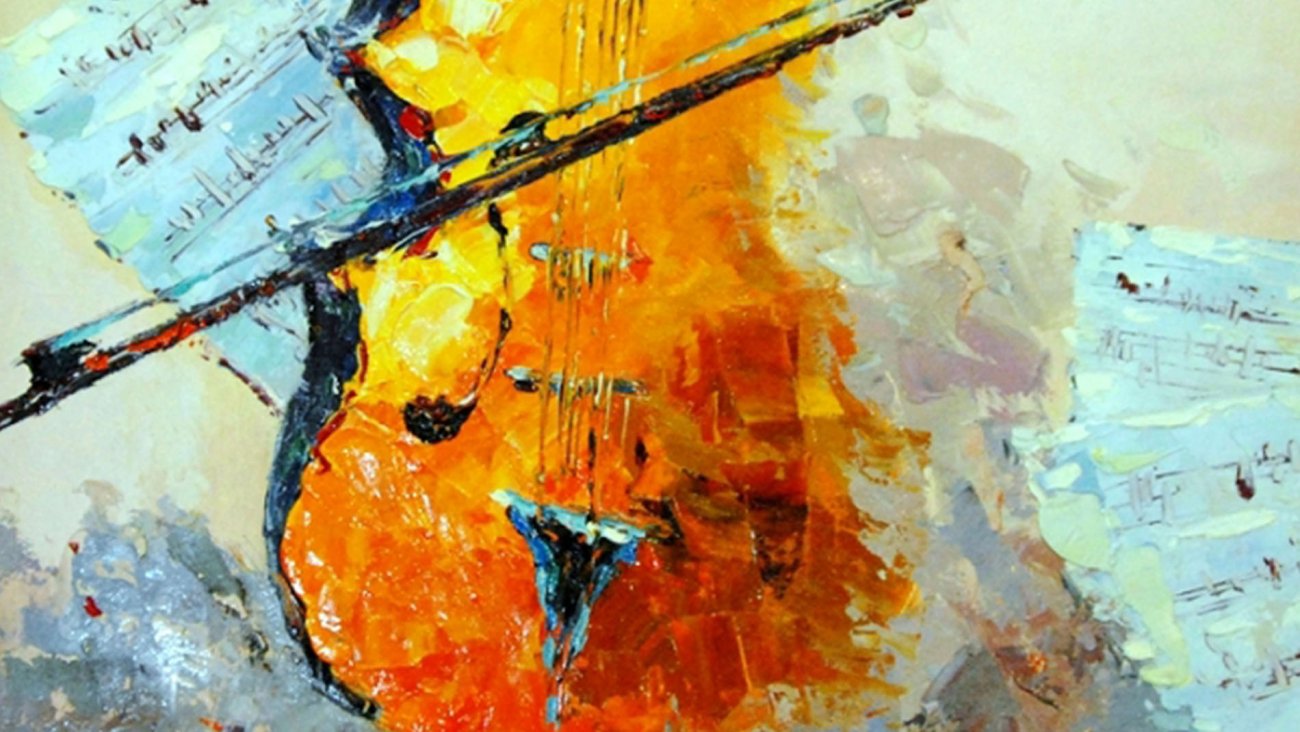 Картина на холсте 100х100 см "Контрабас" EVENHOME КАРТИНЫ МАСЛОМ 129878 Голубой;желтый  - Вид №2