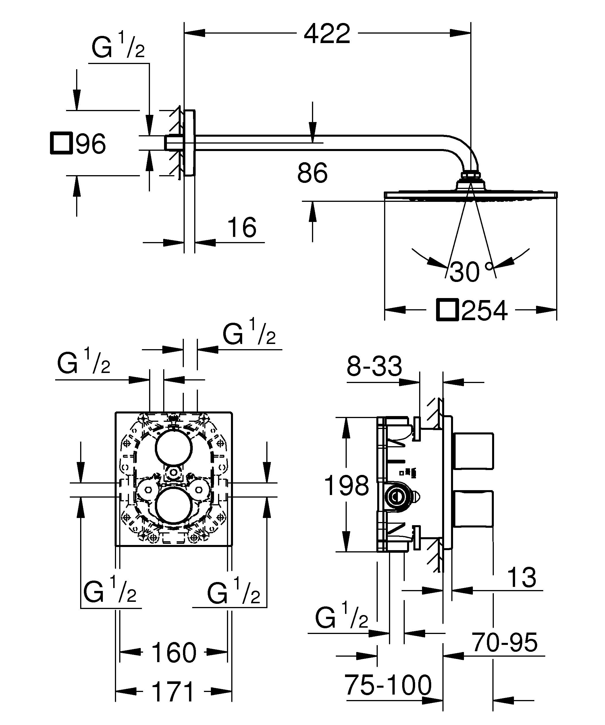 26261000 Набор для комплектации душа с термостатом Grohtherm 3000 Cosmopolitan, с верхним душем Grohe Grohtherm 3000 Cosmopolitan хром - Вид №1