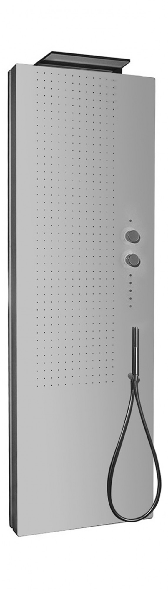 6580+651102  Душевая панельфронтальная панель оборудована: * 504 фронтальные форсунки, размещенные в 4 секторах каскадная душевая лейка ручная лейка термостатический смеситель кнопки управления с подсветкой для активации разных функций (каскад, ручная лей Fantini Rubinetti ACQUAPURA