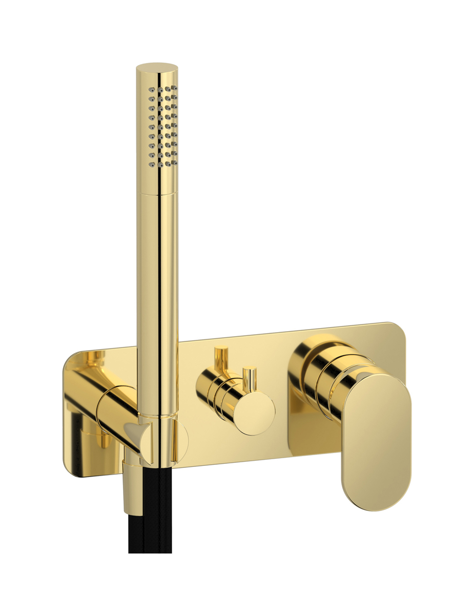 Внешние части встроенного в стену смесителя на 2 потребителя в комплекте с душевым гарнитуром. WE ARE IB k2313ii Pale Gold K2