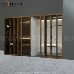 Effegibi YOKU.S SH YO.10310002 Комбинированная баня: хаммам и сауна. Установка: в правый угол. Мощность: 10,5 кВт макс. Размеры: длина 342 см, ширина 170 см. Отделка: чёрный орех и светлый керамогранит