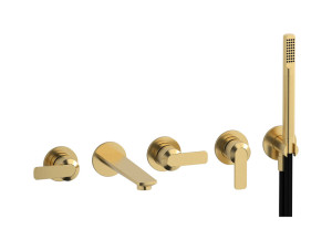 Настенный смеситель для ванной на 5 отверстий с дивертером и душевым гарнитуром. WE ARE IB c6398os Brushed Gold C-67