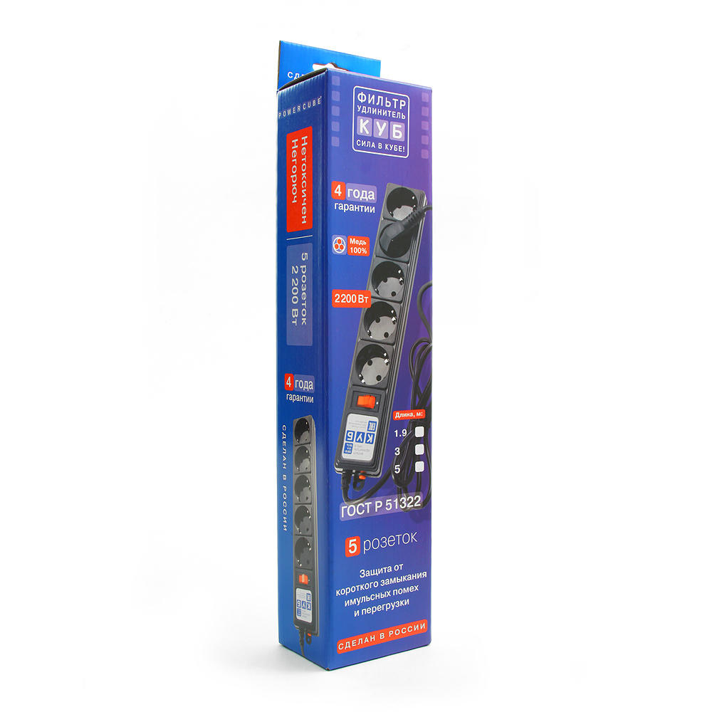 SPG-B-10-BLACK Surge protector power cube b 3.0 m 5 outlets (black) 10a / 2.2kw Электрическая мануфактура Santreyd  - Вид №3